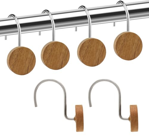 Shower Curtain Hooks, Wood Decorative Shower Curtain Rings, Modern Round Log Shower Curtain Hangers, 12PCS Shower Hooks for Shower Curtain Rod, Bedroom, Living Room (Silvery)