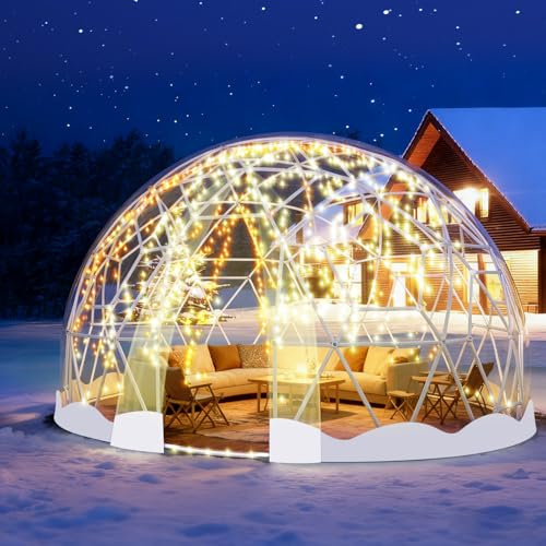 12 FT giardino cupola lgloo, serra a cupola geodetica con copertura in PVC trasparente, tenda da giardino a cupola con 2 corde luminose da 10 m, per esterni, patio (bordo bianco, 3,6 m x 3,6 m x 2,2 m