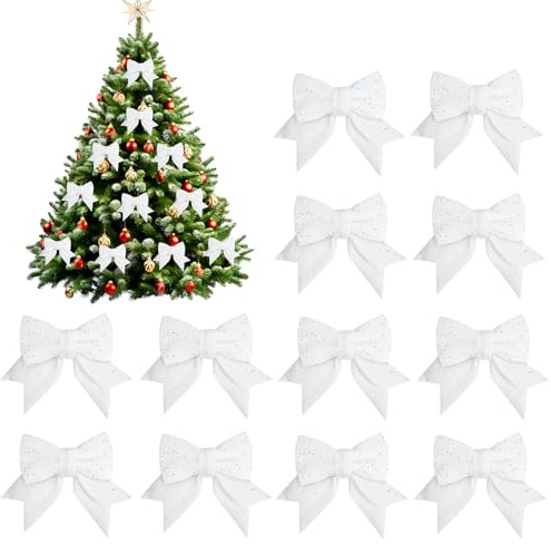 Leikedun 12 Pièces Noeuds de Ruban de Noël, 12x15cm Grande Taille Arcs de Papillon Ruban, Blanc Arcs de Noël Pailletés, Noeud Sapin Noel, Decoration Sapin Noel, Cadeaux de Noël (Blanc)