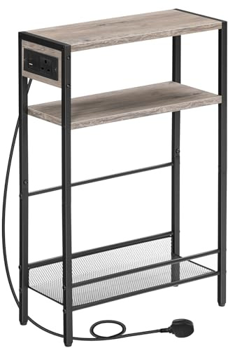HOOBRO Slim Side Table with Charging Station, Narrow Bedside Table for Small Spaces, 3-Tier End Table with USB & Type-C Ports, Greige and Black EBG102KBZ01