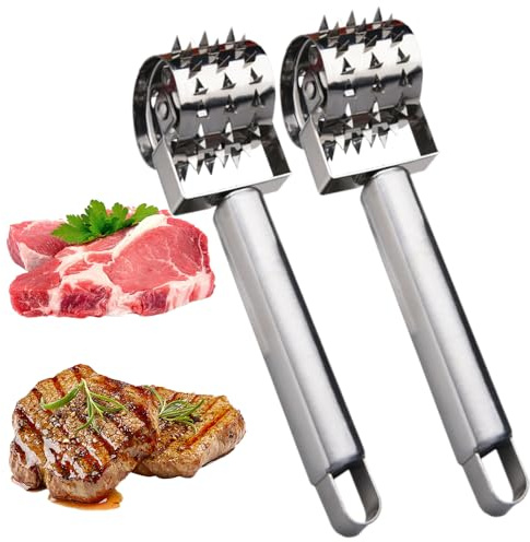 Meat Tenderizer, 2024 New Stainless Steel Meat Tenderizer Roller Rolling Hammer-Pizza Roll Meat Needle Pin Hole Punch for Steak Chicken Pork Beef (2PCS)