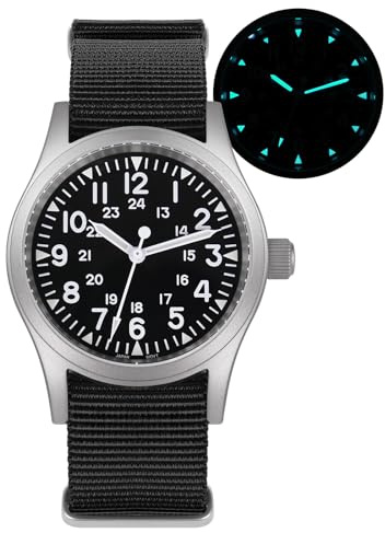 Militado ML05 ML05B 38mm Orologi Campo Vintage Per Uomini, Movimento Seconda Continua VH31/515/Miyota Super 2035 Quarzo, Vetro Zaffiro Bombato Rivestimento AR, Super Luminescenza C3, 100M Impermeabile