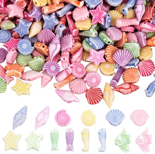 SOFPLATE 500 Stück Acryl Muschelperlen Meerestierperlen Sommerperlen Verschiedene Strandfische Seesterne Kleine Bunte Strandbastelperlen Lose Abstandsperlen Zur Schmuckherstellung Halsketten Armbänder