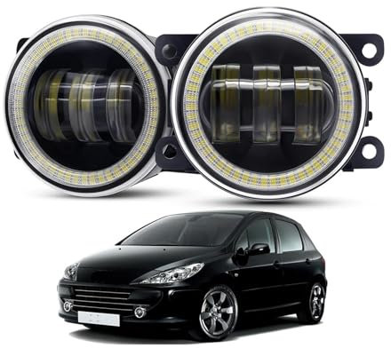 ODKBFG Phare Avant Ensemble Phares Antibrouillard Angel Eye, 2 Pièces, Pour Peugeot 307 2002 – 2008, Lentille LED DRL, Phare De Conduite Antibrouillard 30W 6000LM 12V Feux Avants(Blanc)