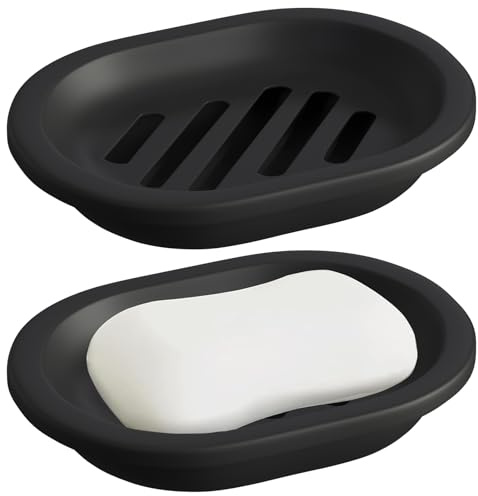 Black Soap Dish 2‑Pack, Double Layer Soap Holder with Drip Tray, Anti‑Slip Quick‑Drying Soap Saver, Non‑Toxic Plastic Soap Dish, Prevents Mushy Soap for Bathroom, Kitchen & RV