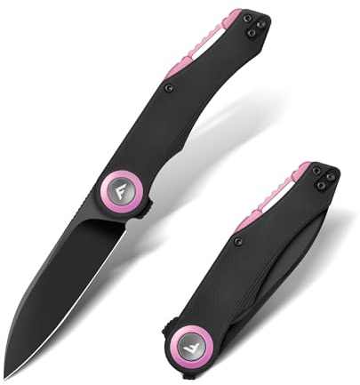 FLISSA Couteau Pliant EDC en Acier D2 avec Manche G10 Noir et Accents Rose Violet, Couteau Compact à Lame Noire 8 cm pour Camping, Randonnée et Usage Quotidien