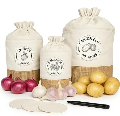 Juego de 3 bolsas de almacenamiento Premium – Tarro de patata y olla de cebolla y olla de ajo - 3 bolsas - Papera - Caja de almacenamiento - Tarros de almacenamiento