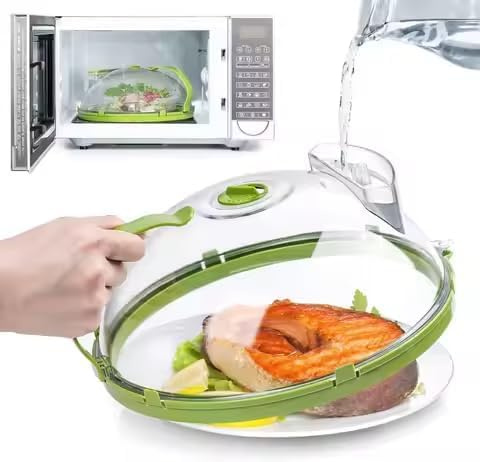 Cubierta de microondas para alimentos, cubierta de salpicaduras de 10 pulgadas, cubierta transparente para alimentos para microondas con mango integrado y vapor de agua, protector de salpicaduras