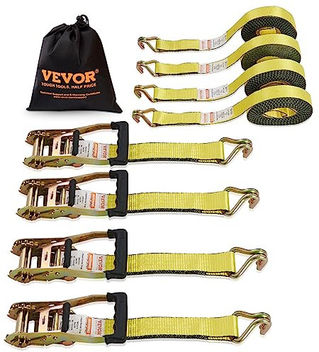 VEVOR Ratchet Tie Down Straps (4-Pack), 10000 lb Break Strength, Heavy Duty Double J Hooks, 2 x 27' with Padded Handles - Ideal for Moving, Securing Cargo, Appliances, Lawn Equipment, and More