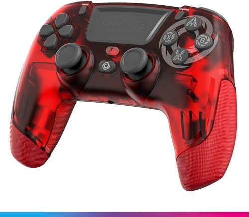 Oniverse Kabelloser Controller für PS4 PS3 PC ANDROID iOS, Kopfhöreranschluss, Hall-Effekt-Joystick, Wiederaufladbarer 1000mAh-Akku, Makro-Tasten, Wake-up-Funktion, 6-Achsen-Gyroskop, Revolt Red