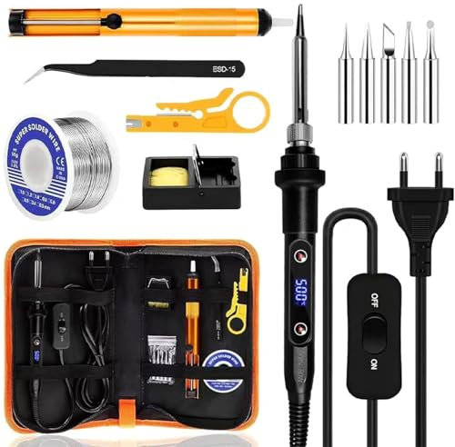 Saldatore a Stagno Kit 80W Temperatura Regolabile 180-520℃ Stagnatore Elettrico 13 in 1 Kit di Saldatura Interruttore ON/OFF con 5 Punte di Saldatura, Adatto a Manutenzione Domestica & Fai Da Te