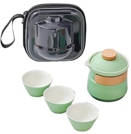 HUMOCHUSON El Juego De Té De Cerámica Portátil Incluye Tetera * 1 Y Tazas * 3, Se Puede Usar Para Acampar Al Aire Libre, Textura Esmerilada - Verde - Grande
