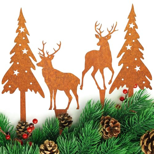 KOIROI 4er Gartenstecker Rost, Roststecker Weihnachten, Rost Weihnachtsstecker Blumenstecker Weihnachten Deko Outdoor, Weihnachtsdeko Garten Stecker für Draußen, Gartendeko