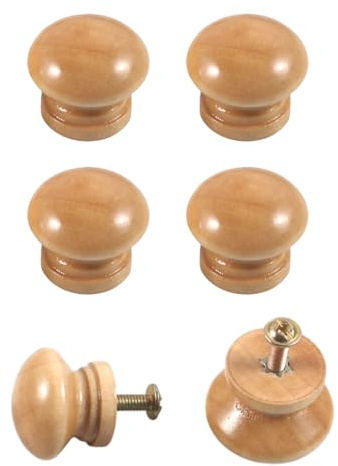 JIPUKE 6 Pcs Wooden Cabinet Knobs with Screws, Mushroom Drawer Knobs Natural Solid Wood Cupboard Knobs-Round for Furniture Wardrobe Office Dresser Drawer Pull (28mm*23mm)