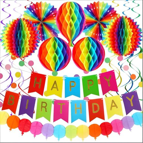 ZHEZHI Rainbow Reusable Birthday Decoration Set, Colorful Honeycomb Ball Birthday Party Decorations Set - 20 Pcs Deluxe Kit with Hot Air Balloon Garland, Gold-Stamped Banner & Paper Fans