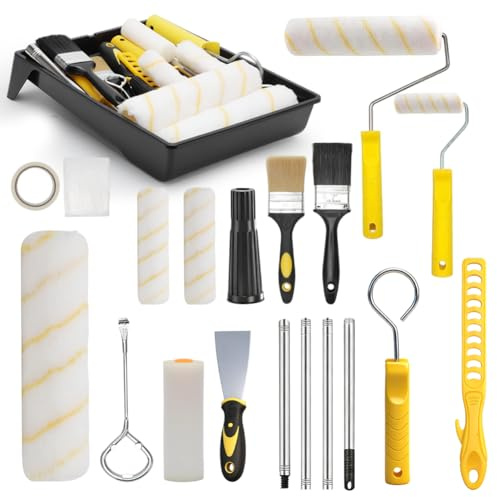 LOMUG Farbroller Set mit Teleskopstange, 18-Teiliges Malerset mit 1.2m Teleskopstange, 23cm + 11cm Malerrolle, Pinsel, Schaber und Farbwanne, Farbroller Wandfarbe Malerrolle für Wand Decken