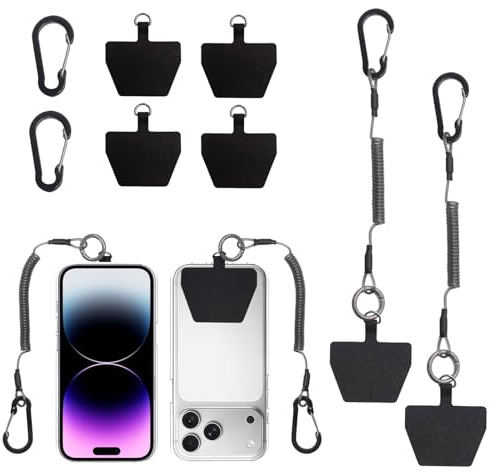 TESGADGETS 2 Piece black mobile phone strap with flexible spiral cable, with carabiner, anti-theft, for outdoor hiking and climbing for most smartphones