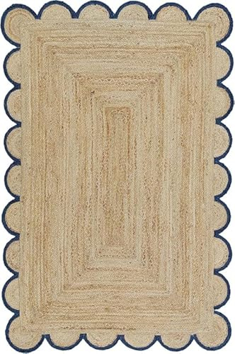 Tappeto in iuta smerlato con bordo smerlato blu navy - Tappeto in fibra naturale intrecciato a mano, ecologico, durevole ed elegante, decorazione per soggiorno, camera da letto o ingresso