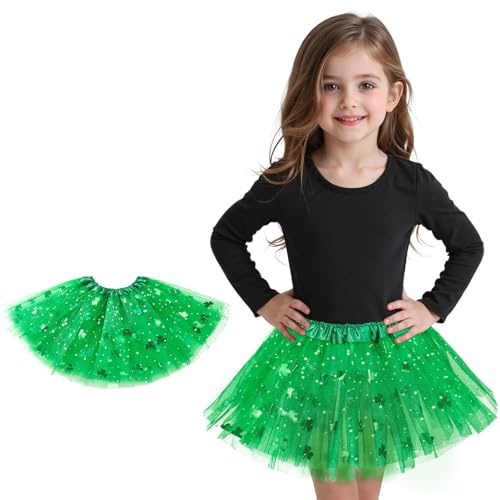 Zando Sparkle Stars Sequins St Patricks Day Tutu for Toddler Girls Shamrock Green Tutu Skirt for Girls Kids 4 Layers 2-8 Years Halloween Princess Birthday Elastic Waist Puffy Tulle Dance Party