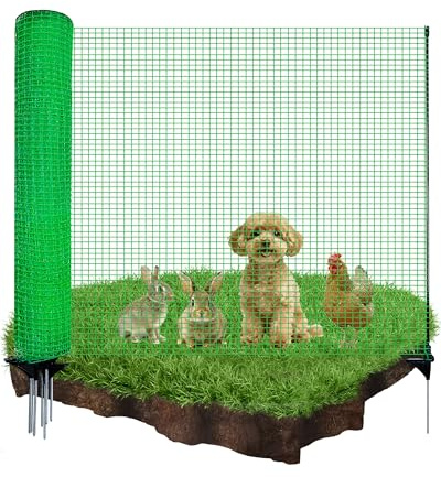 Mobiler Begrenzungszaun ohne Strom, 90 cm hoch, 25 m Gartennetz mit 15 integrierten Pfählen – feinmaschiger Steckzaun für Garten & Camping, geeignet für Hunde & Beetschutz, Komplettset