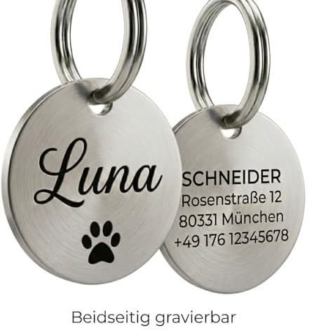 Hundemarke mit Gravur Personalisiert | Edelstahl Anhänger für Hunde & Katzen | Name + Symbolauswahl | Vorder- & Rückseite gravierbar | Dog Tag Namensschild Tiermarke | Rostfrei & Wetterfest (Silber)