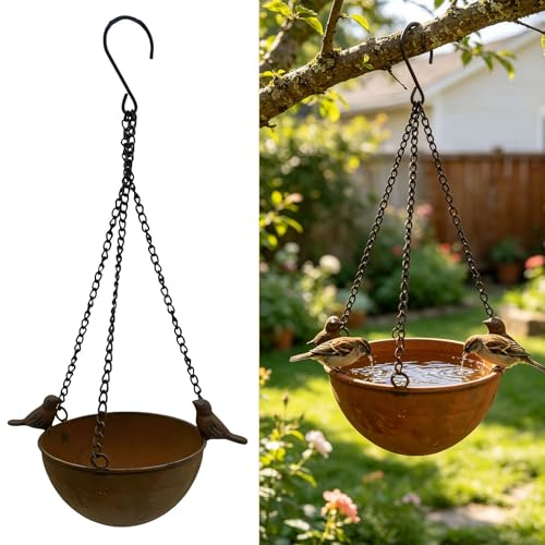 Vogeltränke Hängend 36 * 19 * 19cm, Vogelfutterspender zum Aufhängen, Vogeltränke zum Aufhängen, Metall Rost Vogelfutterhaus Hängend Winterfest, Wassertränke für Vögel, Gartendeko für Draußen (Rost)