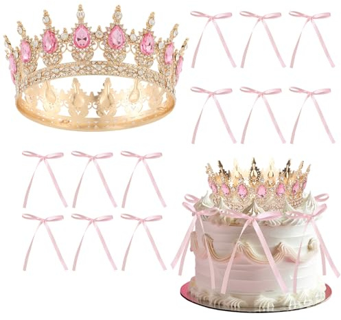 13PCS Corona para Tarta con lazos,Tiara corona de princesa y reina rosa con lazos, Decoracion Tarta Cumpleaños con lazos,decoración de pastel de cumpleaños para niñas y mujeres (Rosa1)