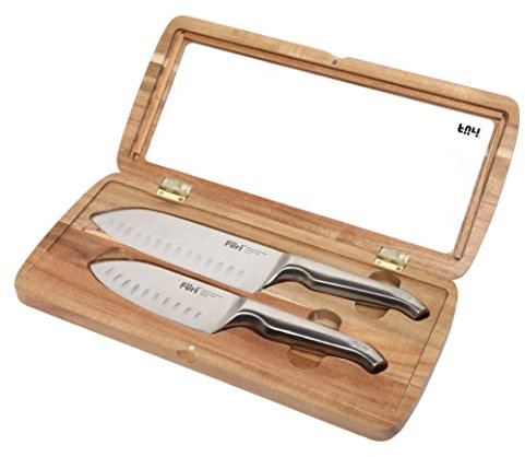 Furi Pro Acacia East/West Santoku Knife Set 2 pc, Acacia Wood Gift Box with Two Premium Knives for a Superior Cutting Performance, Stainless Steel Blades, Ergonomic Reverse-Wedge, Anti-Fatigue Handle