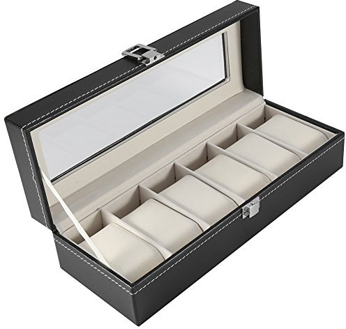 Fdit Scatola Porta Orologi Custodia Di Per 6 Orologi/Gioielli,Espositore Valigetta Scatola,Coperchio In Vetro Nero,Pelle Sintetica