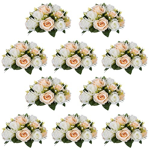 Pcs of 10 Fake Flower Ball Arrangement Bouquet,15 Heads Plastic Roses with Base, Suitable for Our Store's Wedding Centerpiece Flower Rack for Parties Valentine's Day Home Décor (Champagne & White)