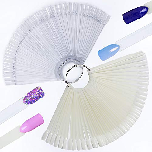 Hedmedum 100pcs Présentoir Faux Ongles Pratique Nuancier Palette Maquillage Vernis à Ongles Couleur eventail Forme Batonnets Transparent Outil de Nail Art (Transparent, blanc)