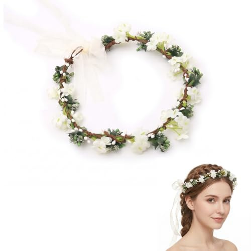 Mariage Floral Bandeau, Nuptiale Fleur Couronne, Demoiselle d'honneur Florale Guirlande avec Ruban Réglable, pour la Photographie de Voyage de Noces, Soirée de Cérémonie Nuptiale (Vert et Blanc)
