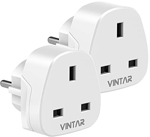 VINTAR UK to European Plug Adapter,Grounded 3 Pin to 2 Pin EU Euro Europe Schuko Travel Adaptor for France Germany Spain Turkey Greece Russia and More(Type E/F), 2 Pack White