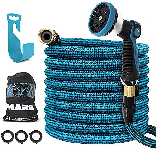 MARIE 75ft Expandable Garden Hose with 10 Function Nozzle and Durable 3-Layers Latex Superior Strength 3750D Fabric and 3/4'' Solid Brass Fittings, Leakproof Lightweight Expanding Outdoor Hose