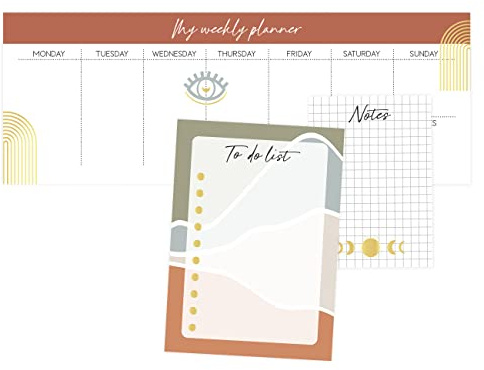 Papierdrachen Wochenplan - 3 Schreibblöcke für Notizen und To Do Liste - Tagesplaner Boho - Ideal für Schule, Arbeit, Uni und Haushalt - 10,5 x 29,7 cm | DIN A6 | DIN A7 - Set 6