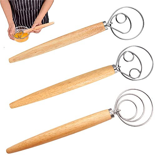 Fruste da cucina, 3 Pezzi Frusta Danese, Frusta a Mano Professionale, Manico in Legno Mixer, Inossidabile Acciaio Impasto Frusta Miscelatore, Attrezzi Cucina, per Pane, Pasticceria, Impasto Pizza