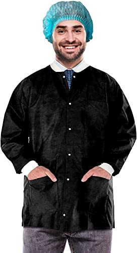 EZGOODZ Disposable Lab Jacket, 32 Inches Long. Pack of 10 Black Hip-Length Workwear X-Large. SMS 50 gsm Disposable Shirts with Snaps Front, Knit Cuffs & Collar, 3 Pockets. Unisex PPE Coat