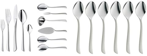 WMF Virginia Besteckset 12 Personen, 66 teilig 60 Teile mit Servierbesteck & Virginia Espressolöffel Set 6-teilig 10,8 cm, Cromargan protect Edelstahl teilmattiert, kratzbeständig, spülmaschinenfest