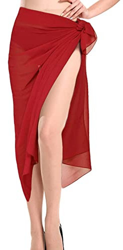 AWOCAN Damen Strandkleid Lange Sarong Abdeckung Chiffon Bademode Rock Bikini Schal Strand Sarong Bikini Abdeckung Elegantes Schwimmen (rot)
