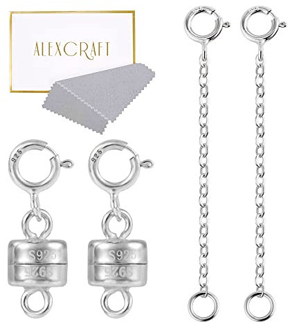 4 Pcs Chain Extenders for Necklaces 925 Sterling Silver Magnetic Clasp | White Gold Plated Spring Clasp Extension for Bracelet Anklet Jewellery Making
