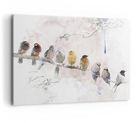 Moderne Impression sur Toile 100x70cm Image Tableau Decoration Murale Oiseaux Canaries Branche Grand Tableaux Decoratifs Muraux Chambre Horizontal Deco Cadre Décoration Salon Art Wall AA100x70-4175