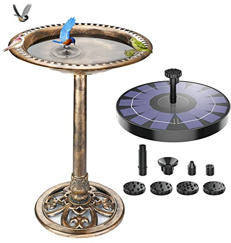 AMZtime 2,5W Solar Springbrunnen für Außen mit Vogeltränke Solar | Winterfest Vogeltränke Stehend ，Vogeltränke Garten Tränke Bad für Wildvögel, Wassertränke für Vögel,Vogeltränke Garten（Braun）