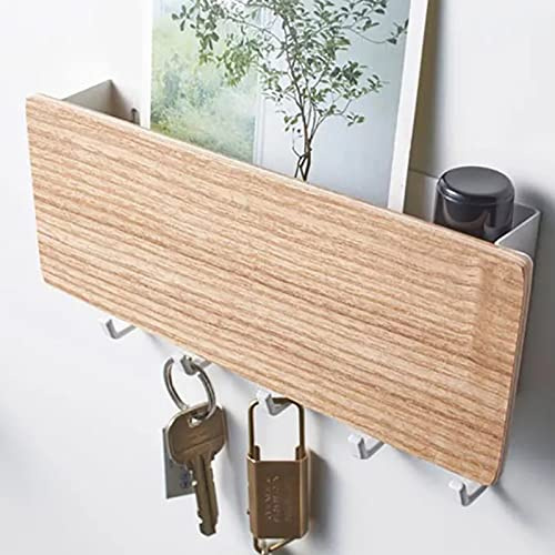 MISNODE Schlüssel- und Briefhalter für Wand, Schlüsselaufhänger für Wand mit Regal Holz Wandregal mit 5 Haken, Hängender Schlüsselhalter für Küche und Eingangsbereich, Khaki