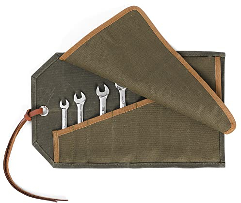 Bolsa enrollable para llaves, llave duradera multiusos y bolsa para colgar herramientas, 7 ranuras y cuerda de corbata, soporte para herramientas de lona encerada de 16 onzas, verde militar