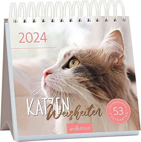 Postkartenkalender Katzenweisheiten 2024: Dekorativer Tischkalender 2024 für Katzenfans, mit 53 Postkarten