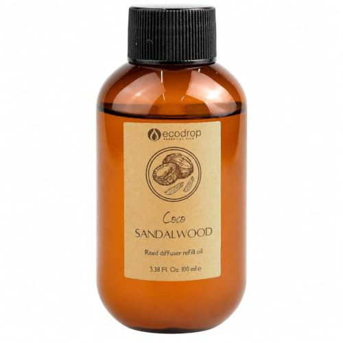 Ecodrop Coconut & Sandalwood Oil Refill - 100ml Bottle | Large Fresh Scented Vegan Aromatherapy Fragrance Oil Reed Diffuser Refill | Eliminate Office & Home Living Room, Bedroom & Bathroom Odours