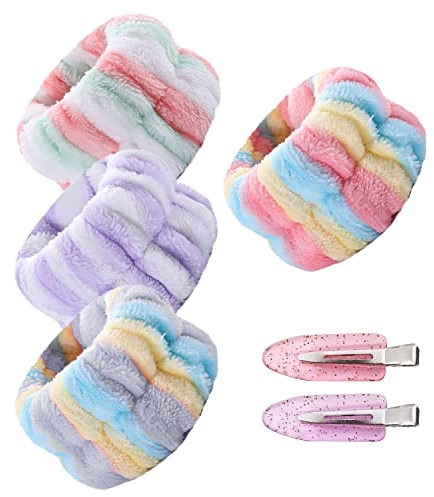 4 Plush Wristbands, 2 Bangs Clips, Sweat Wristbands, Absorbent Wristbands, Soft Flannel Wristbands, Elastic Wristbands, Suitable for Sports, Washing (4 Colors)