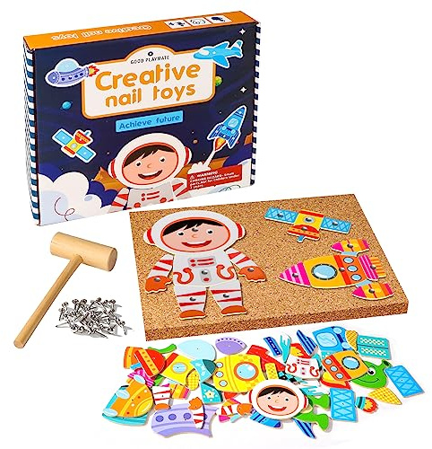 Wisplye Hammer Game, Nail Game, Hammer Game with 52 Colourful Wooden Components, 30 Nails, Cork Plate and Hammer, Skill Learning Toy, Gift for Children, Boys, Girls from 3+ Years