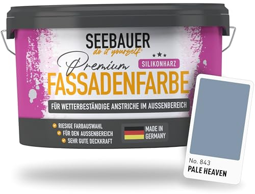 SEEBAUER diy Silikonharz-Fassadenfarbe Blau 5L für Außen (No. 843 Pale Heaven) Selbstreinigende Fassadenfarbe mit Lotuseffekt - Geeignet für Putz, Mauerwerk und Beton