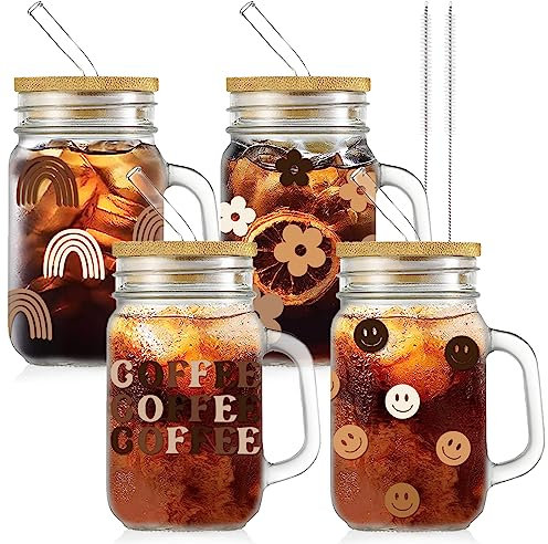 Whaline 4 Pack Boho Mason Jar Mug with Handle 18oz Mason Jar Drinking Glasses Boho Ice Coffee Cups Glass Tumbler Glass Mugs Tumbler with Lid and Straw for Iced Coffee Tea Soda Cocktail Gifts
